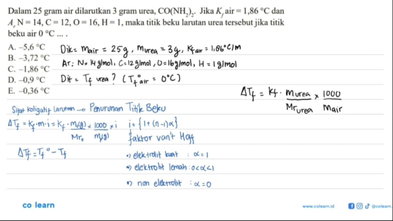 Dalam 25 gram air dilarutkan 3 gram urea, CO(NH2)2. Jika Kf