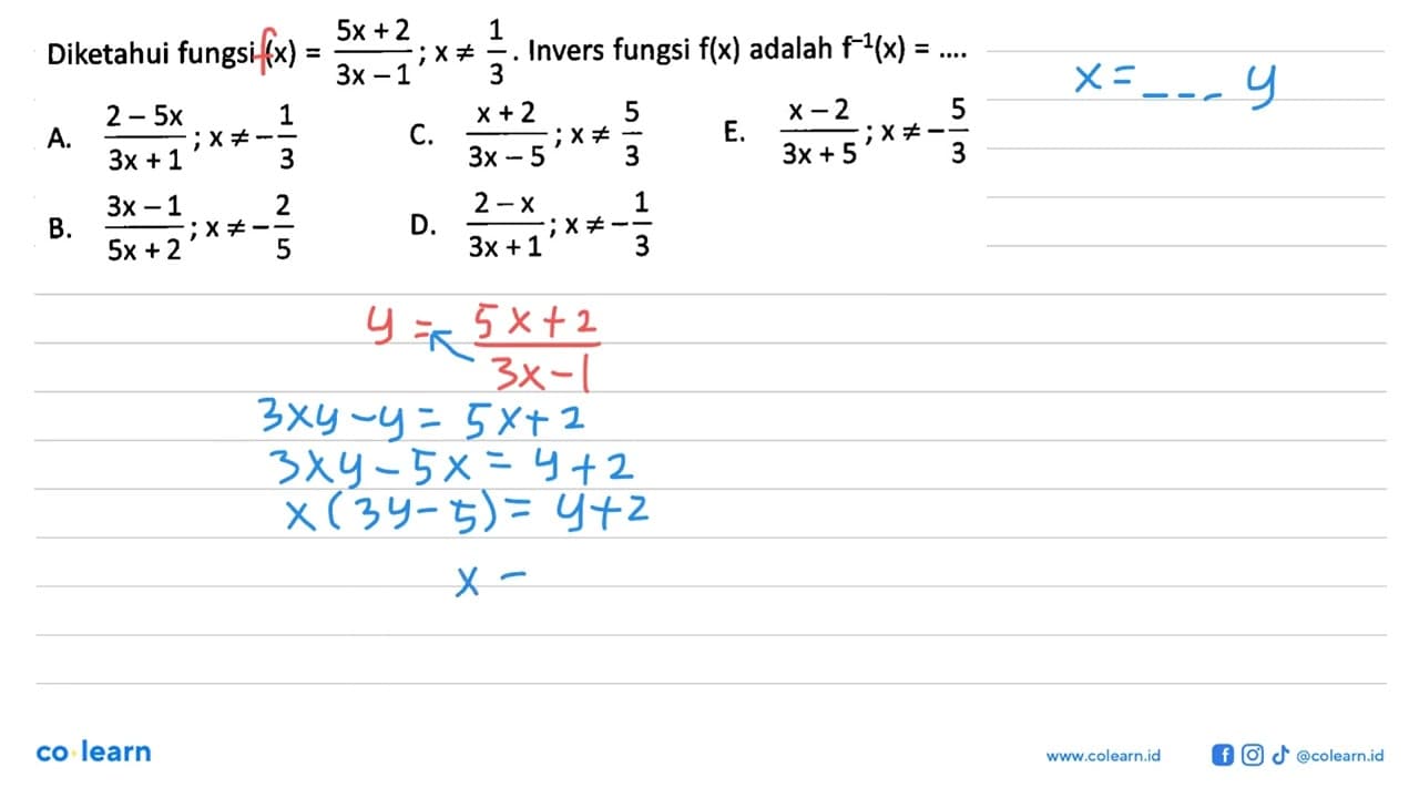 Diketahui fungsi (x)=(5x+2)/(3x-1); x=/=1/3. Invers fungsi