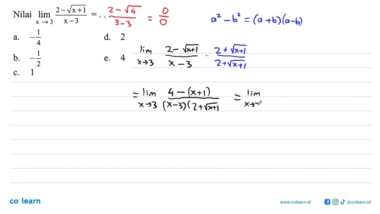 Nilai lim x->3 (2-akar(x+1))/(x-3)=