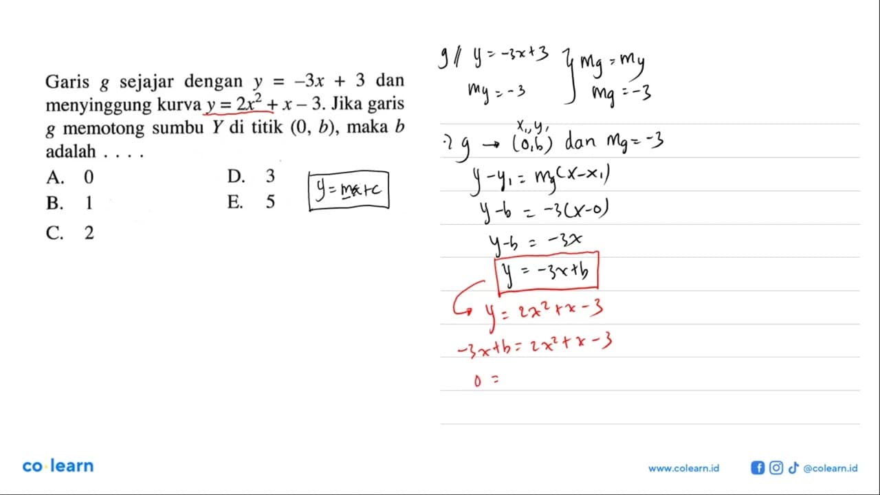 Garis g sejajar dengan y=-3x+3 dan menyinggung kurva