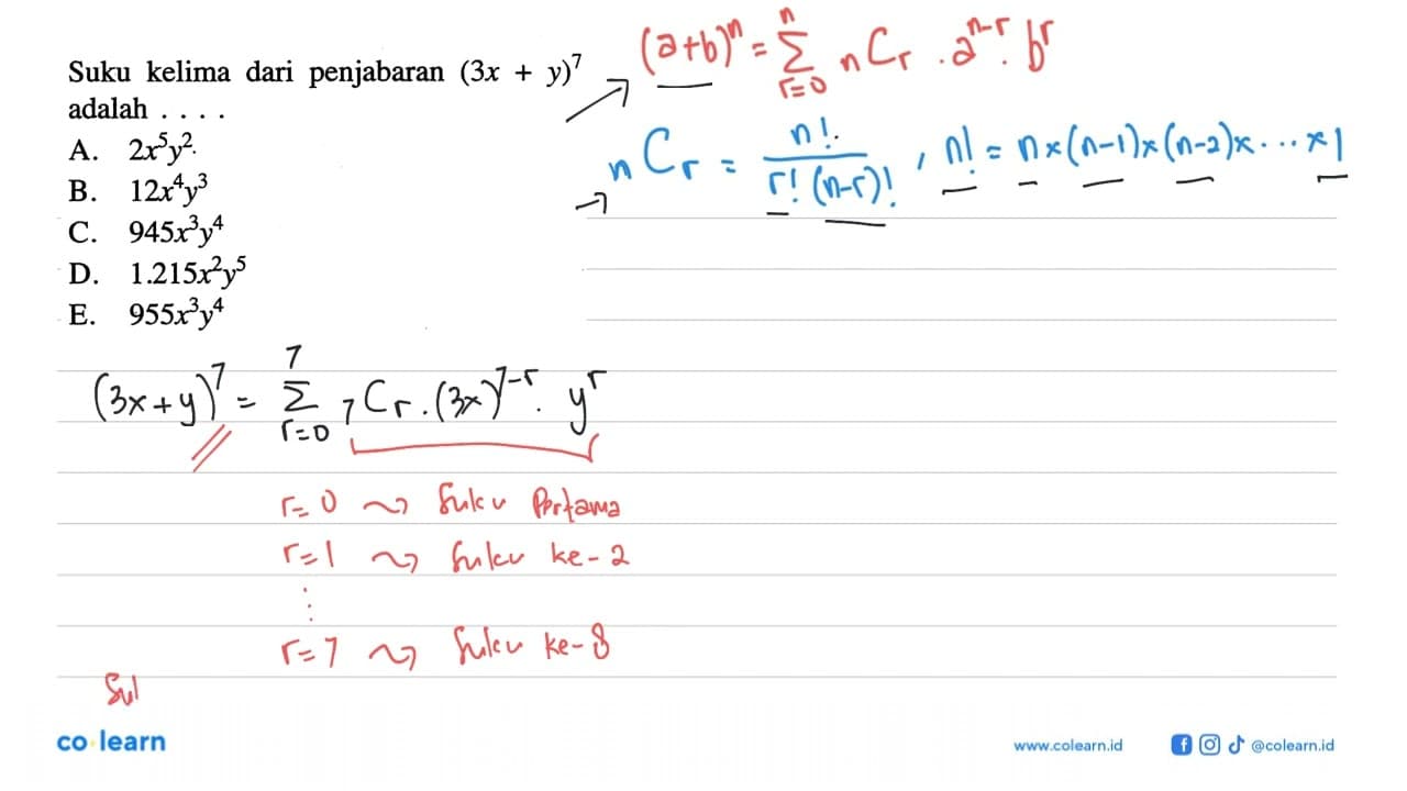 Suku kelima dari penjabaran (3x+y)^7 adalah ....