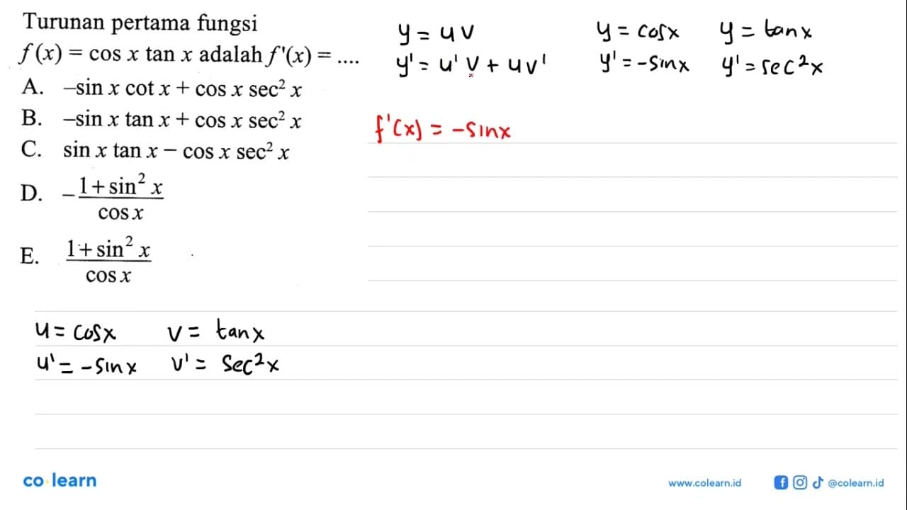 Turunan pertama fungsi f(x) = cos x tan x adalah f'(x) =