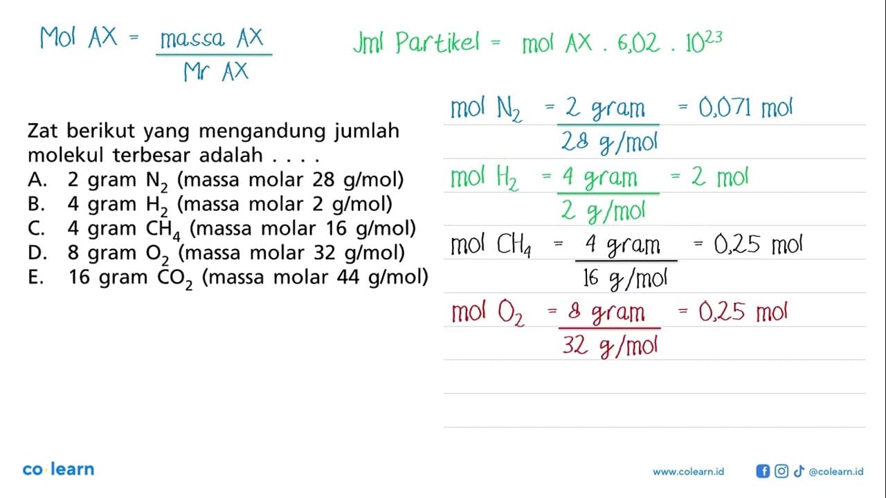 Zat berikut yang mengandung jumlah molekul terbesar adalah.