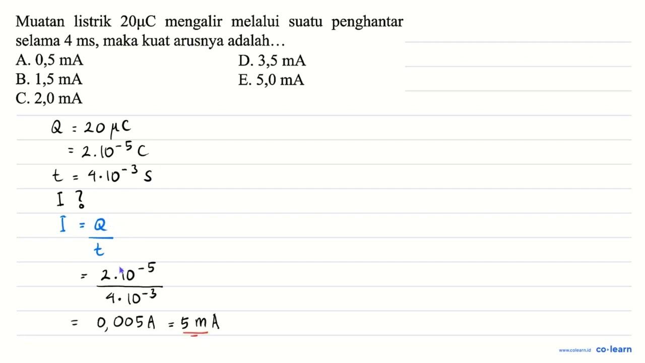 Muatan listrik 20 mu C mengalir melalui suatu penghantar