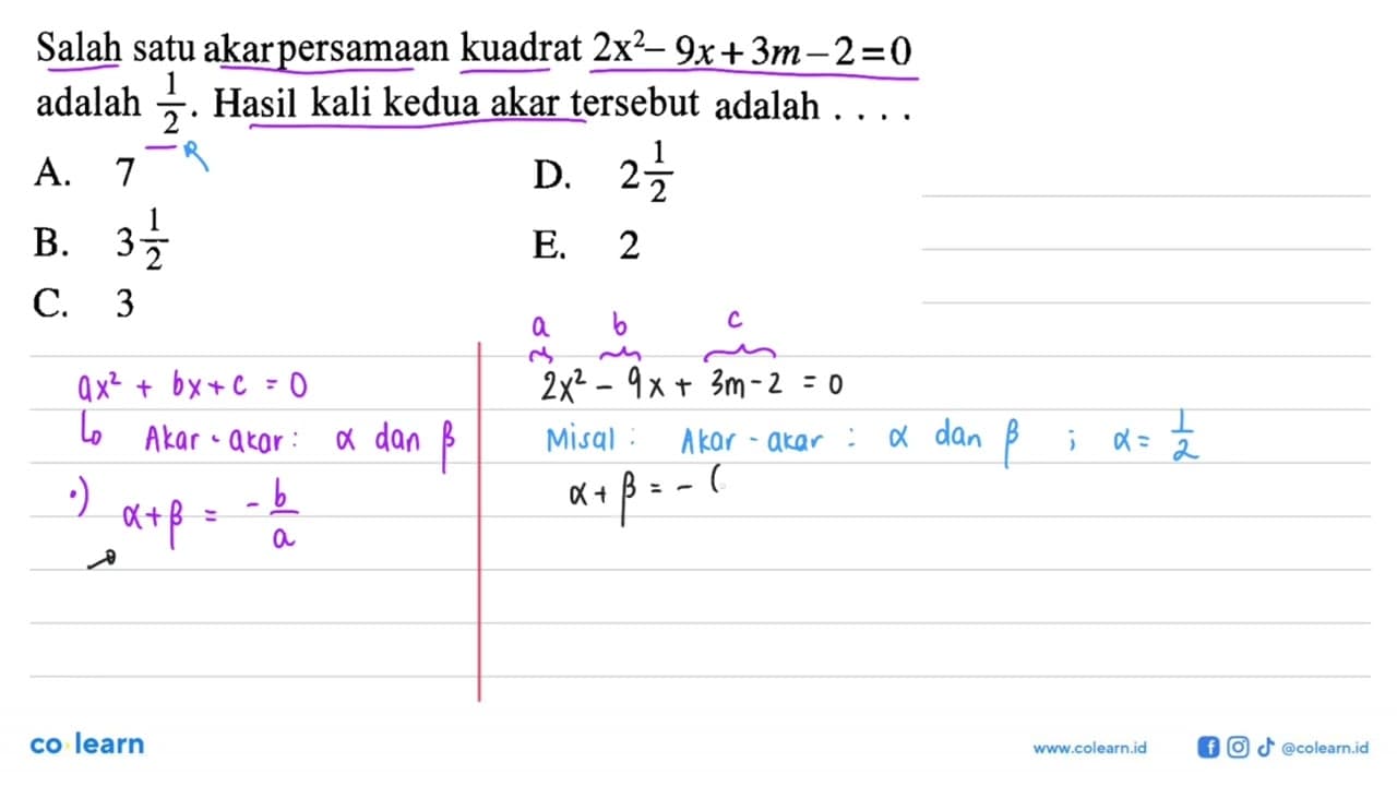 Salah satu akar persamaan kuadrat 2x^2-9x+3m-2=0 adalah