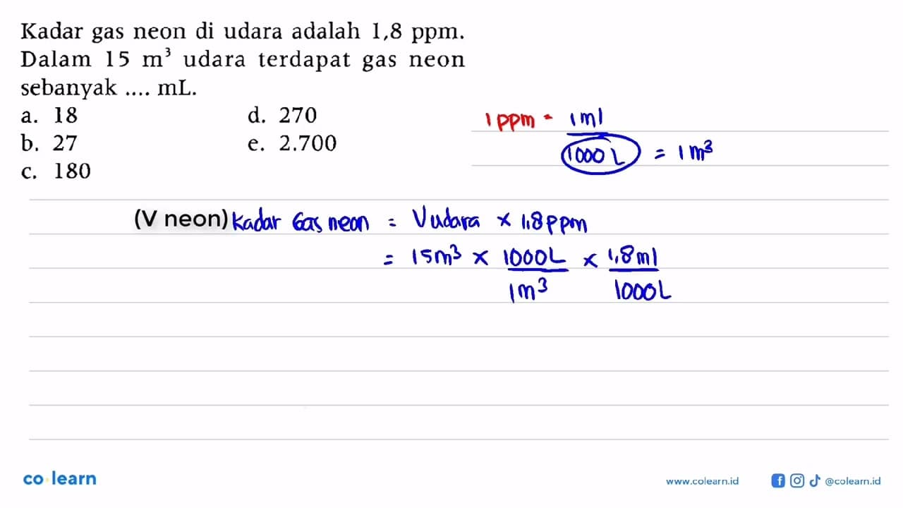 Kadar gas neon di udara adalah 1,8 ppm. Dalam 15 m^3 udara