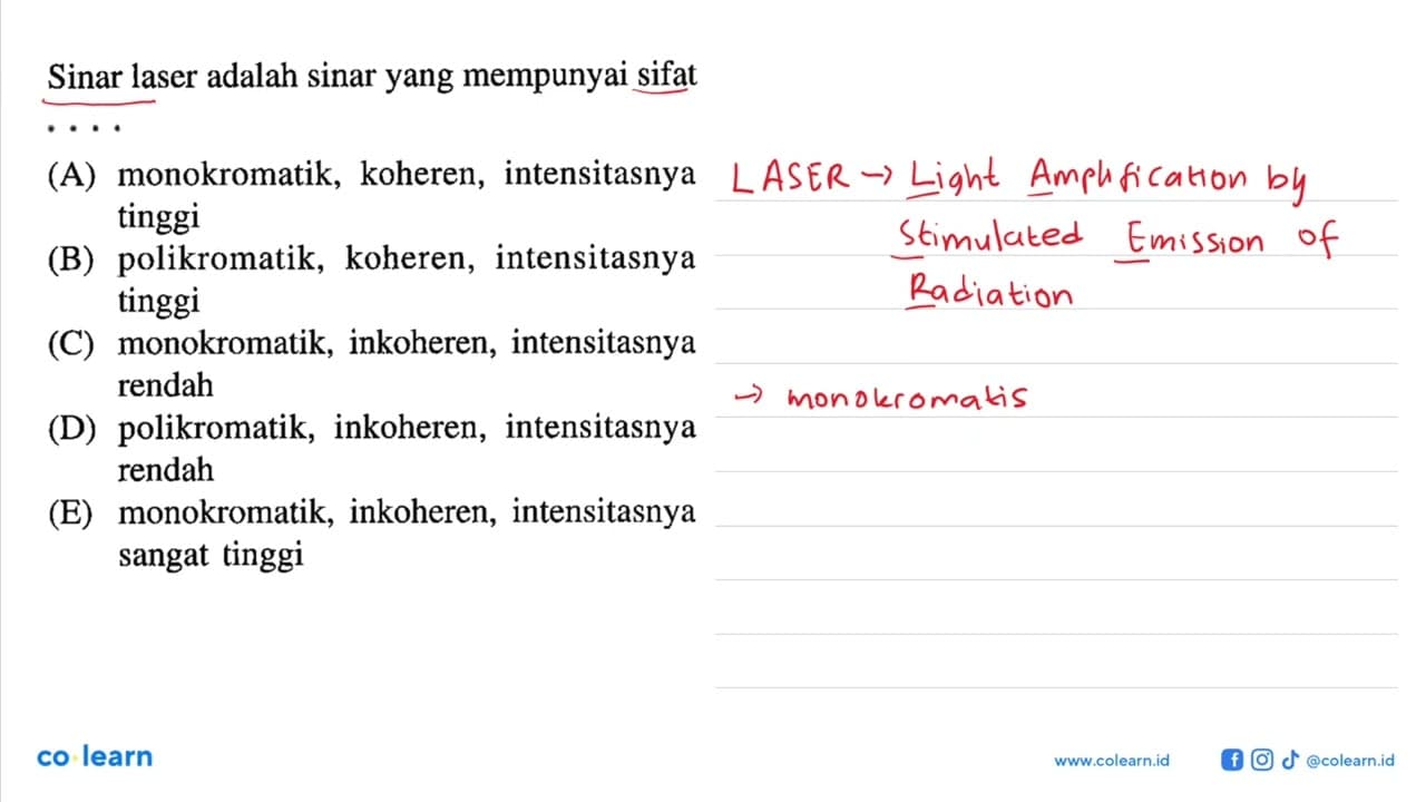 Sinar laser adalah sinar yang mempunyai sifat .....