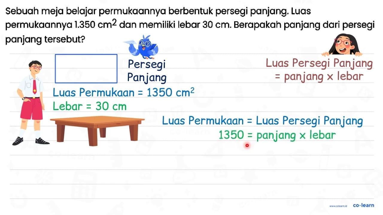 Sebuah meja belajar permukaannya berbentuk persegi panjang.