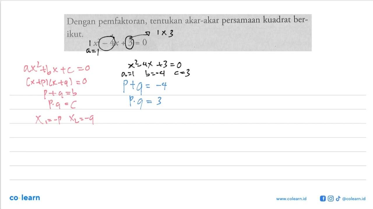 Dengan pemfaktoran, tentukan akar-akar persamaan kuadrat