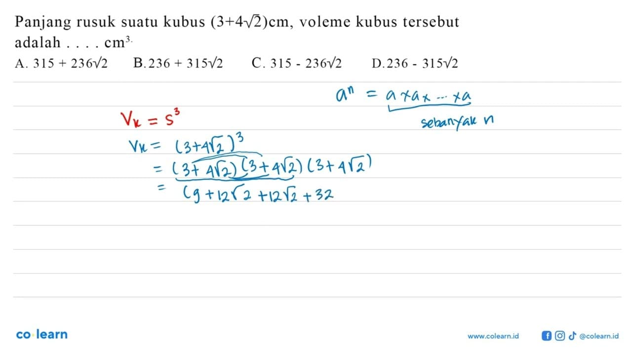 Panjang rusuk suatu kubus (3+4 2)cm, volume kubus tersebut