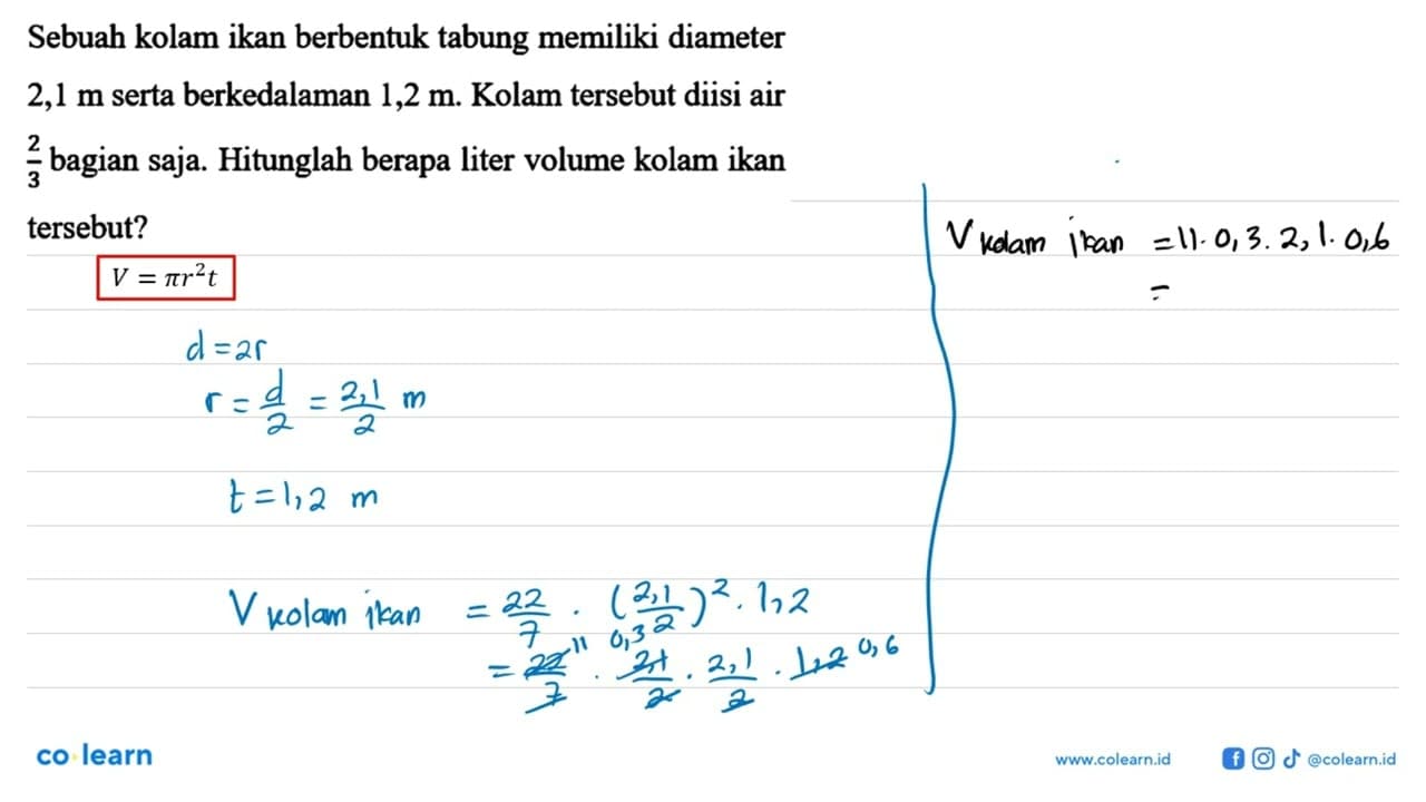Sebuah kolam ikan berbentuk tabung memiliki diameter 2,1 m