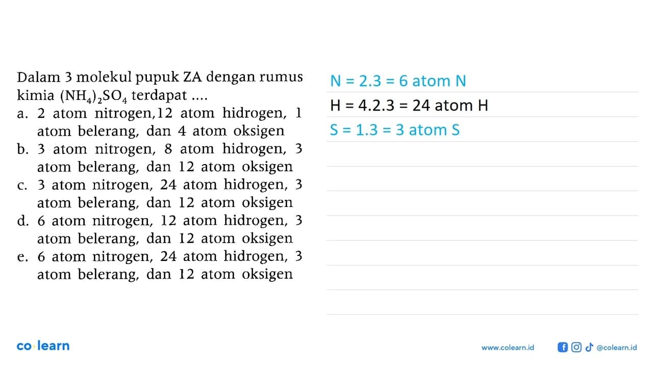 Dalam 3 molekul pupuk ZA dengan rumus kimia (NH4)2SO4