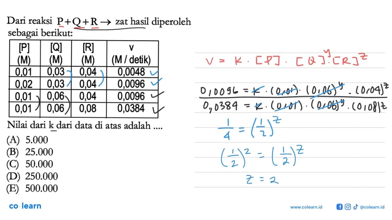 Dari reaksi P+ Q + R -> zat hasil diperoleh sebagai