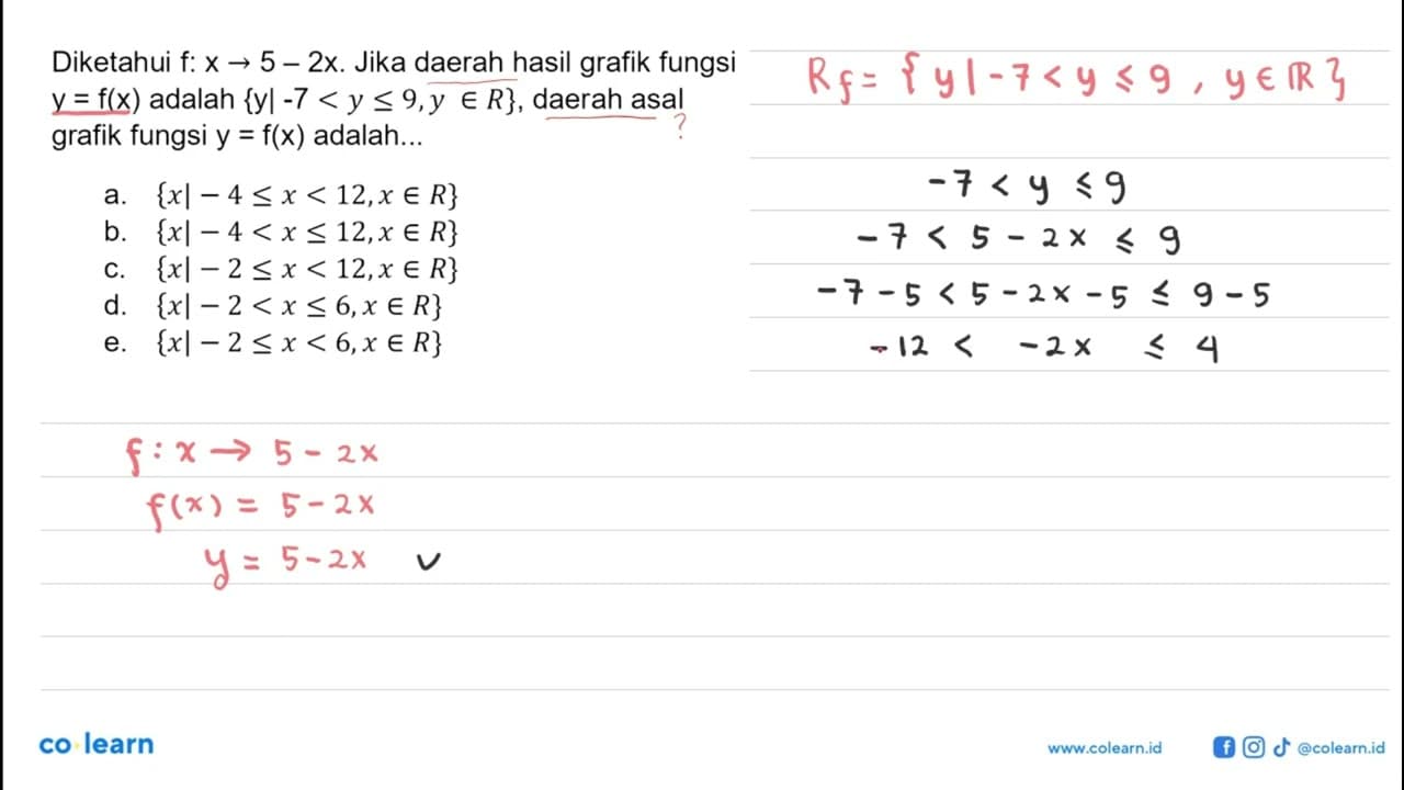 Diketahui f: x -> 5 - 2x. Jika daerah hasil grafik fungsi y