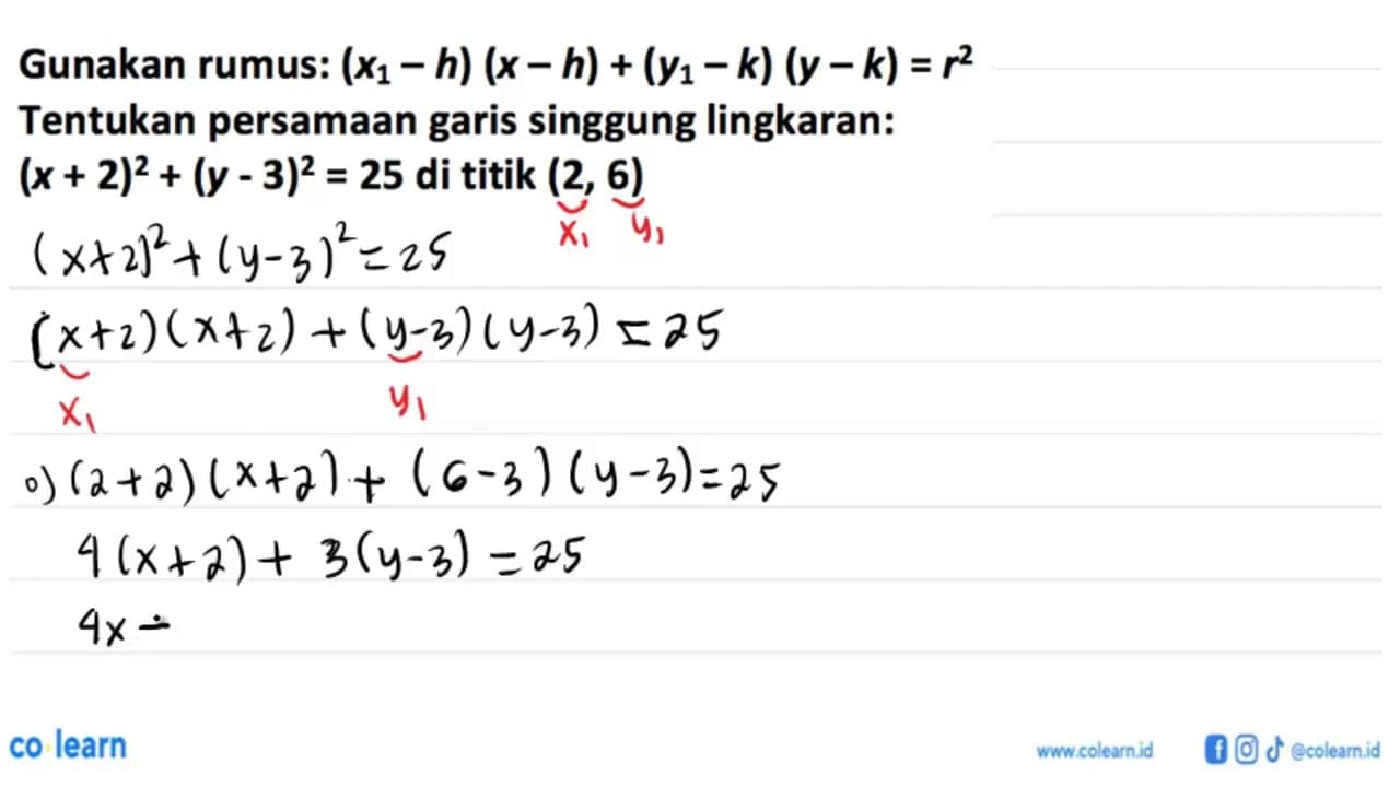 Gunakan rumus: (x1-h)(x-h)+(y1-k)(y-k)=r^2 Tentukan