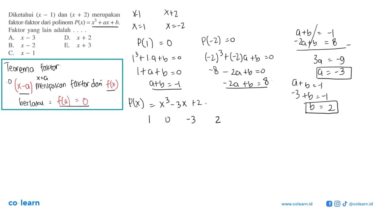 Diketahui (x-1) dan (x+2) merupakan faktor-faktor dari