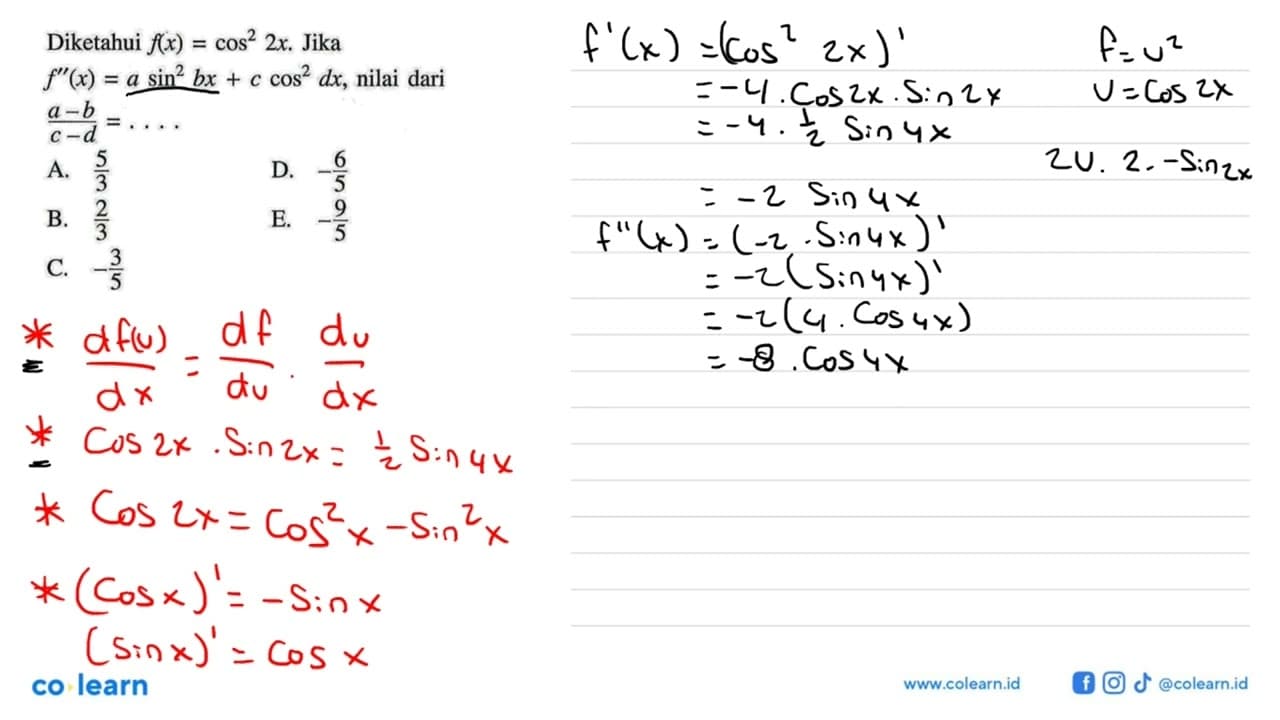 Diketahui f(x)=cos^2(2x). Jika f"(x)=a sin^2(bx)+c