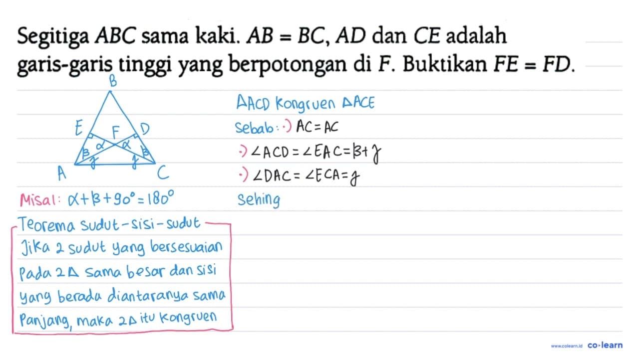 Segitiga ABC sama kaki. AB=BC, AD dan CE adalah garis-garis