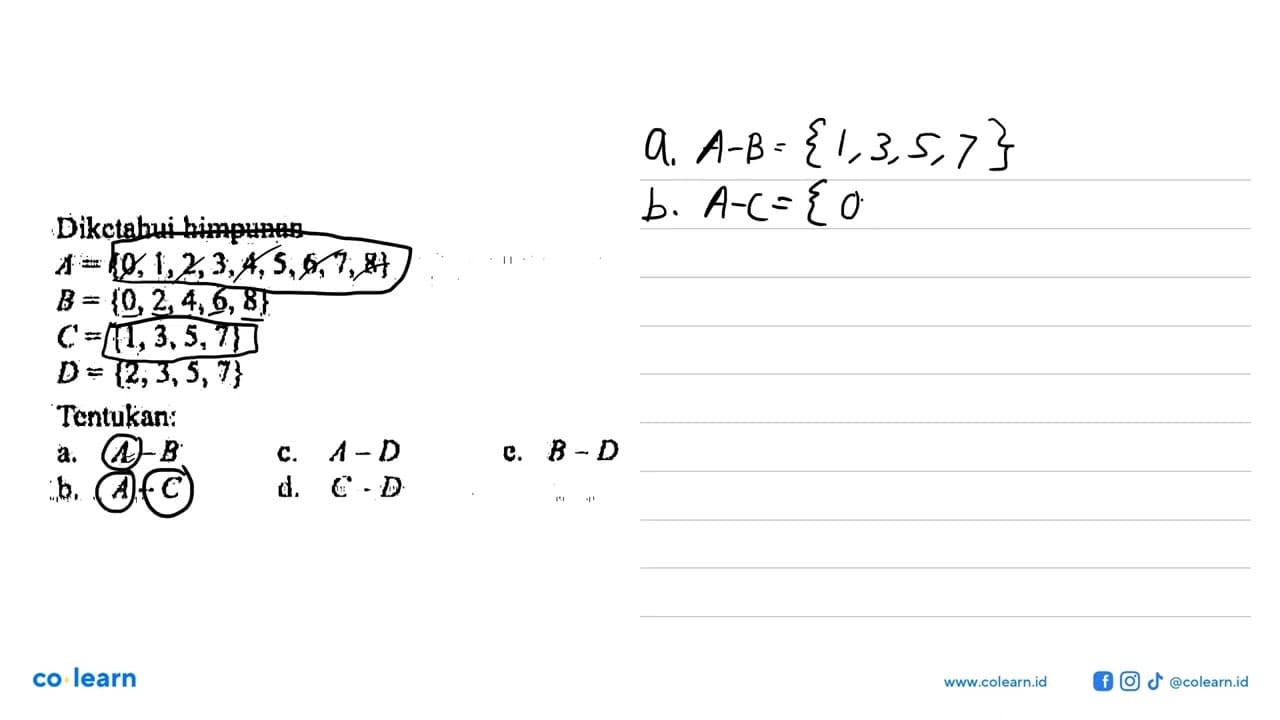 Diketahui himpunan A = {0,1,2,3,4,5,6,7,8} B = {0,2,4,6,8}