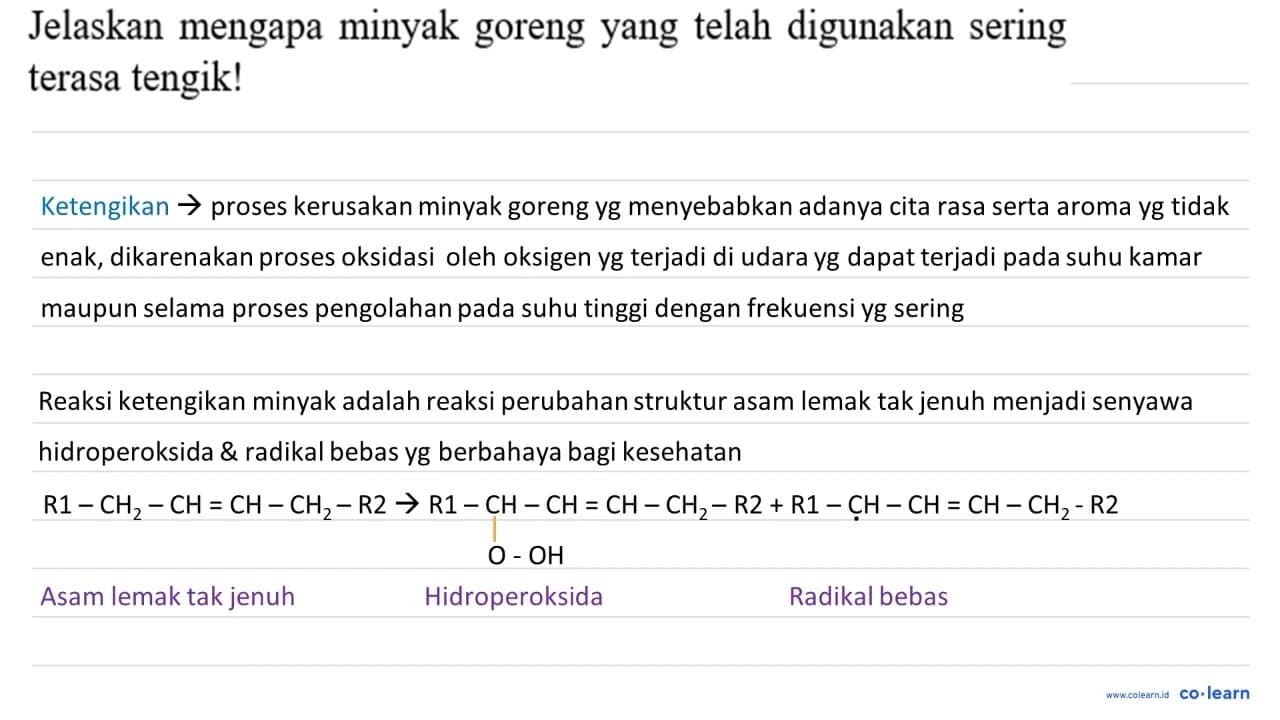 Jelaskan mengapa minyak goreng yang telah digunakan sering