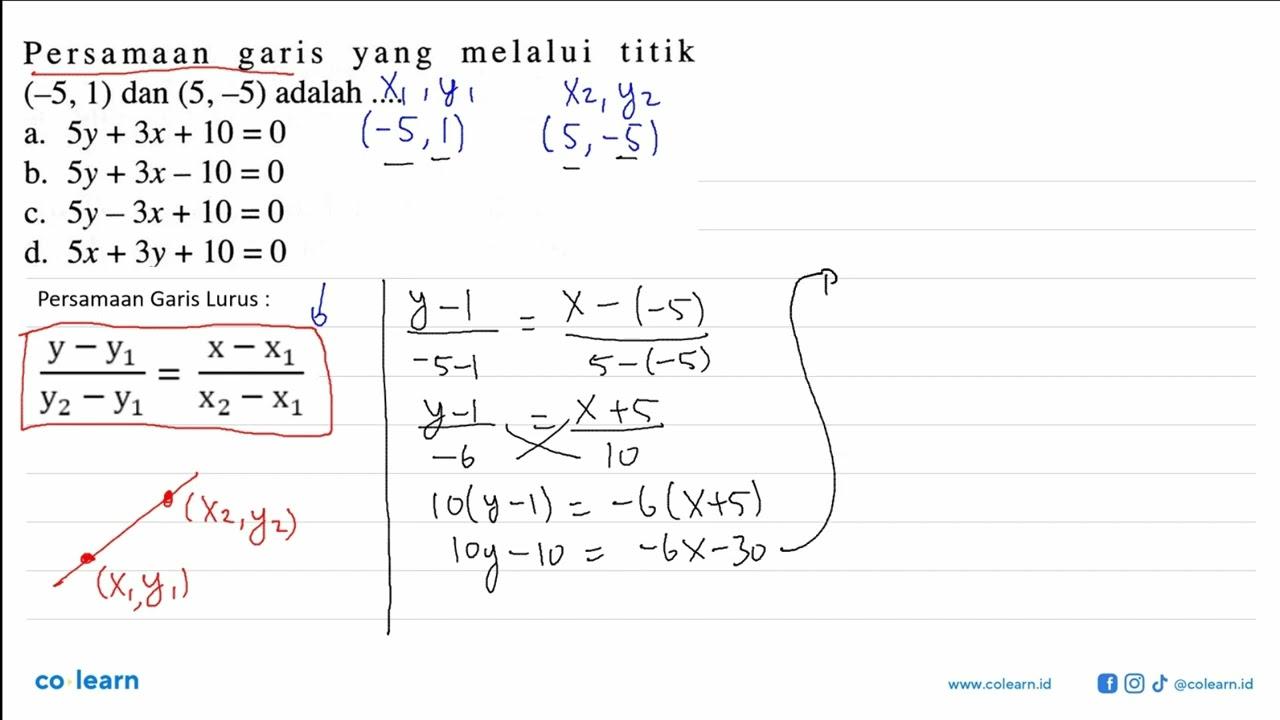 Persamaan garis yang melalui titik (-5,1) dan (5,-5)