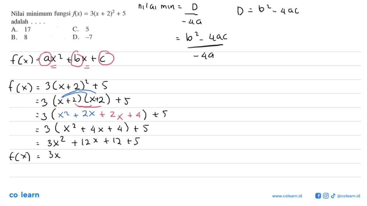 Nilai minimum fungsi f(x) = 3(x + 2)^2 + 5 adalah...