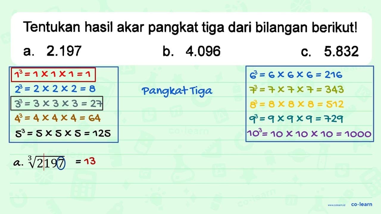 Tentukan hasil akar pangkat tiga dari bilangan berikut! a.