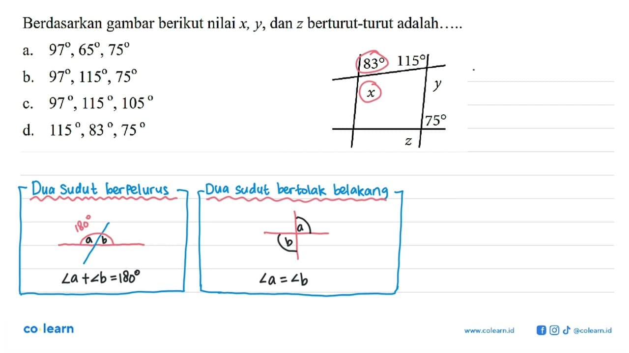 Berdasarkan gambar berikut nilai x,y, dan z berturut-turut