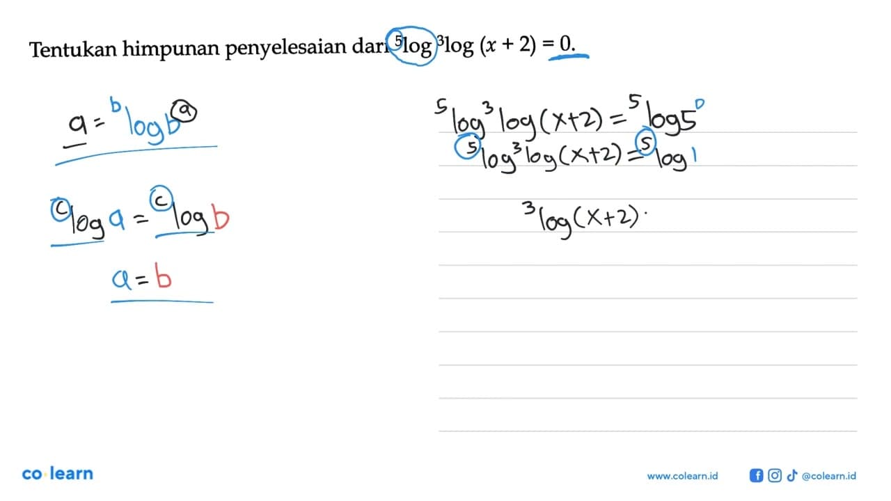 Tentukan himpunan penyelesaian dari 5log 3log(x+2)=0.