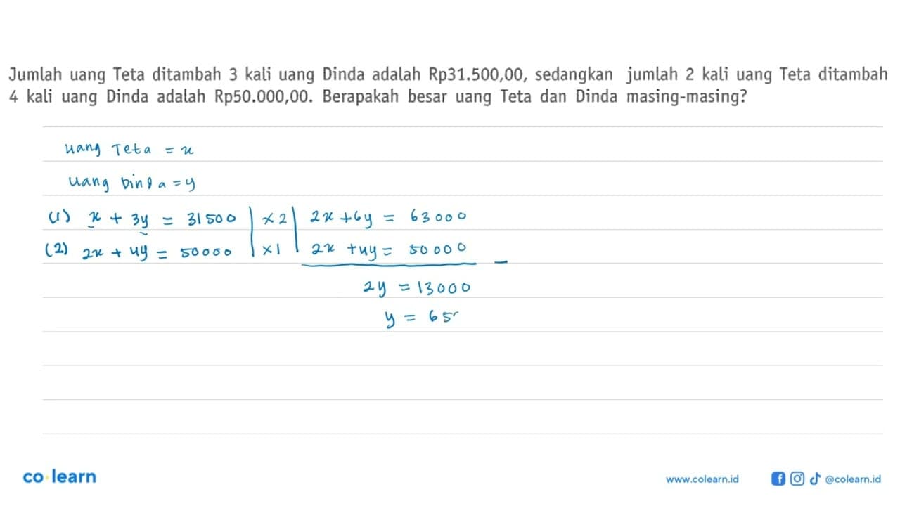 Jumlah uang Teta ditambah 3 kali uang Dinda adalah