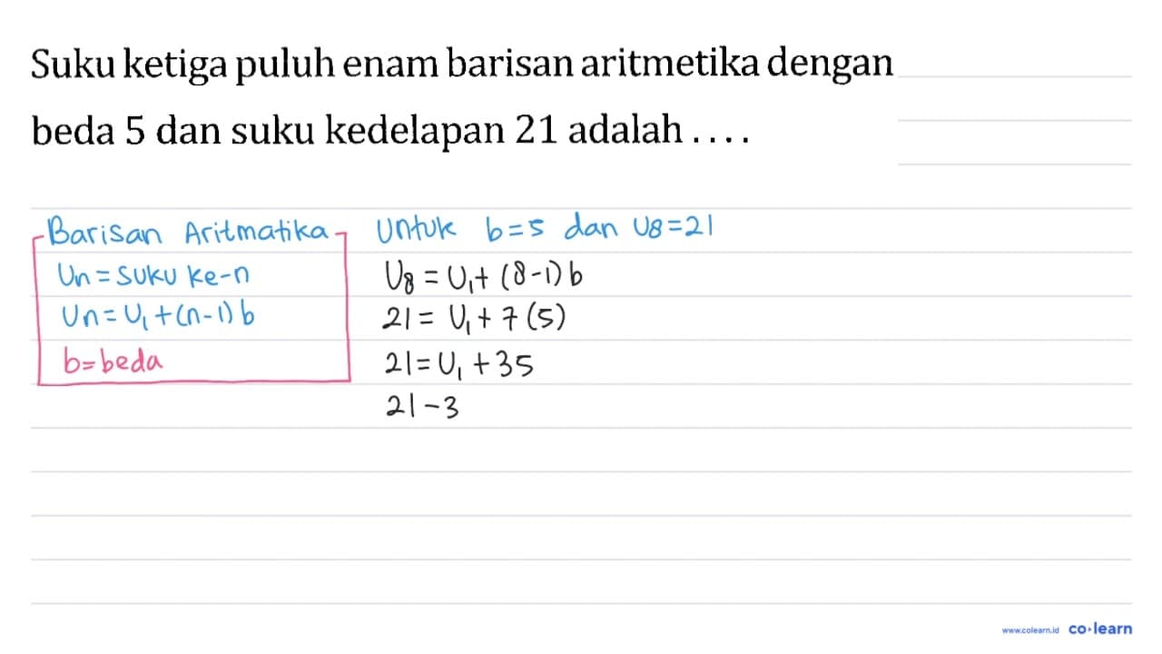 Suku ketiga puluh enam barisan aritmetika dengan beda 5 dan