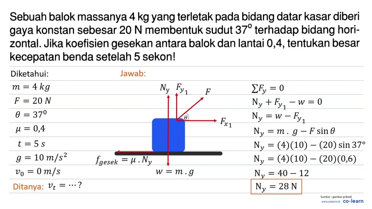 Sebuah balok massanya 4 kg yang terletak pada bidang datar