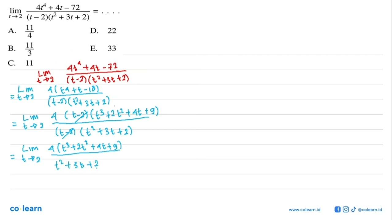 lim t->2 (4t^4+4t-72)/((t-2)(t^2+3t+2))=...