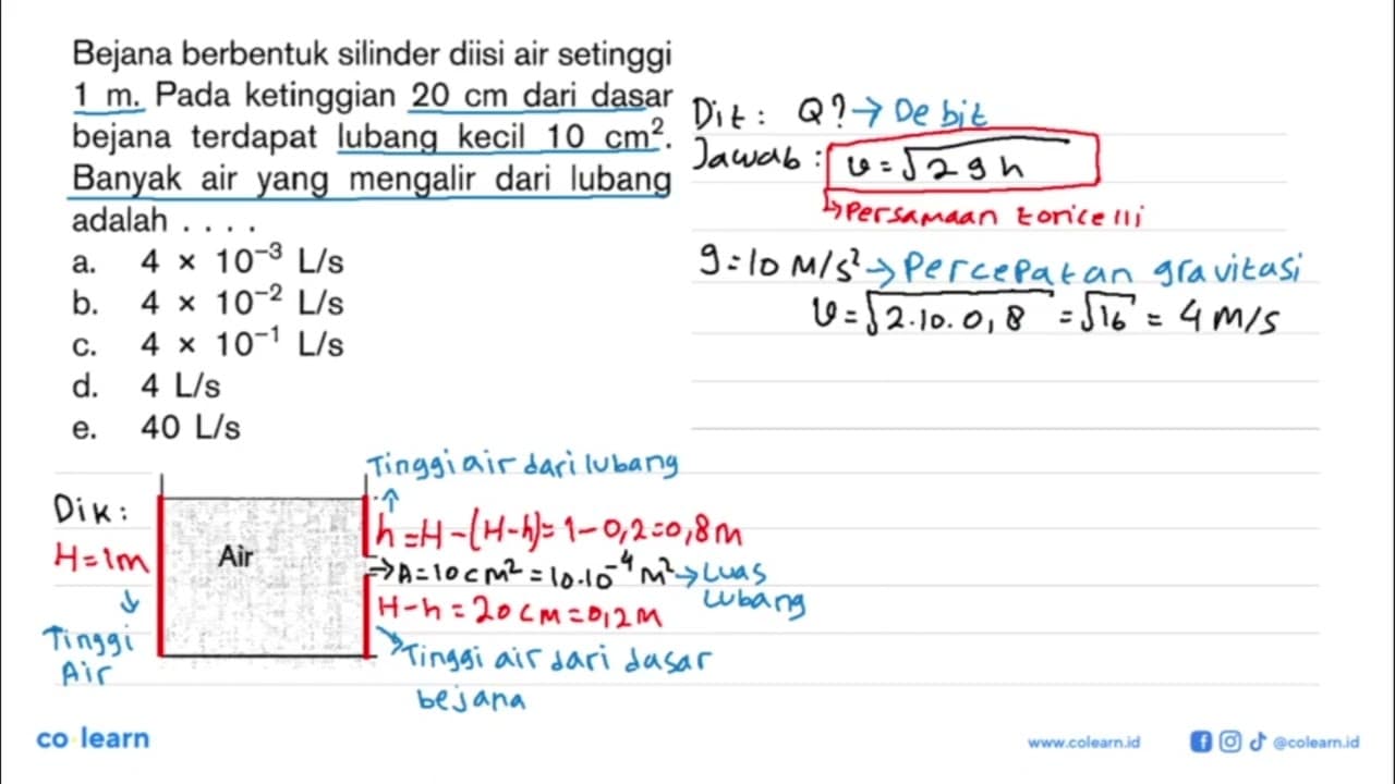 Bejana berbentuk silinder diisi air setinggi 1 m. Pada