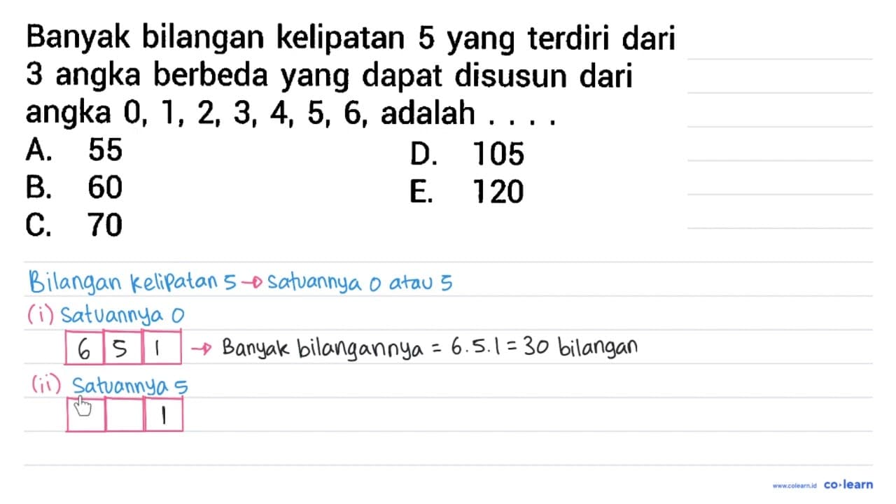 Banyak bilangan kelipatan 5 yang terdiri dari 3 angka