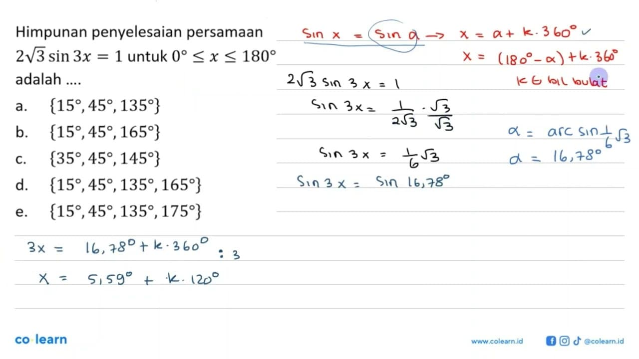 Himpunan penyelesaian persamaan 2 akar(3)sin 3x=1 untuk