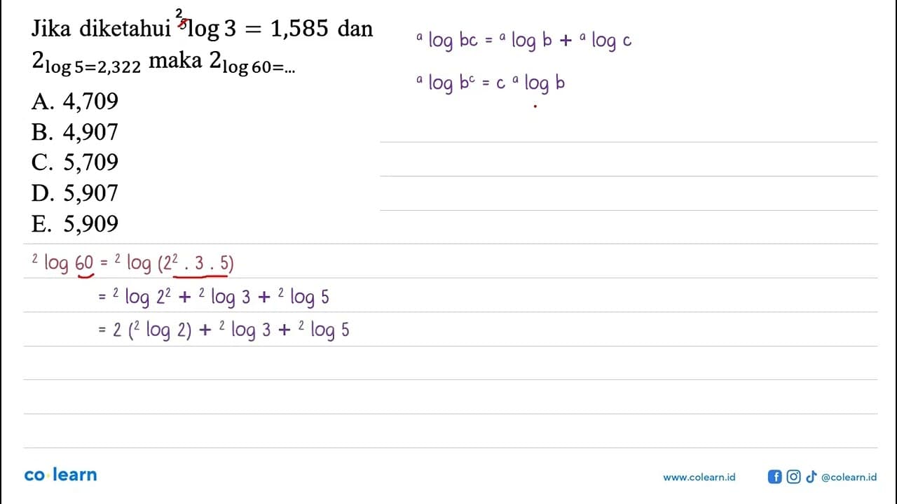 Jika diketahui 5 log3=1,585 dan 2 log5=2,322 maka 2