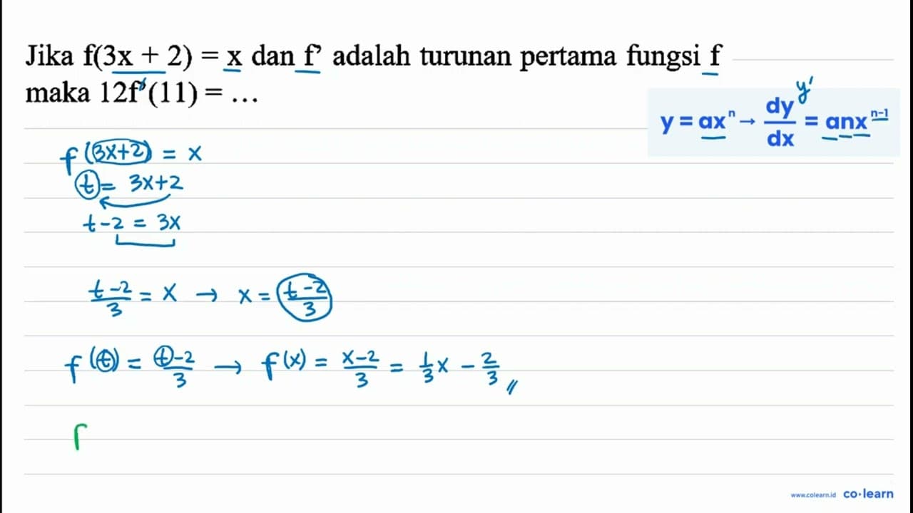 Jika f(3 x+2)=x dan f ' adalah turunan pertama fungsi f