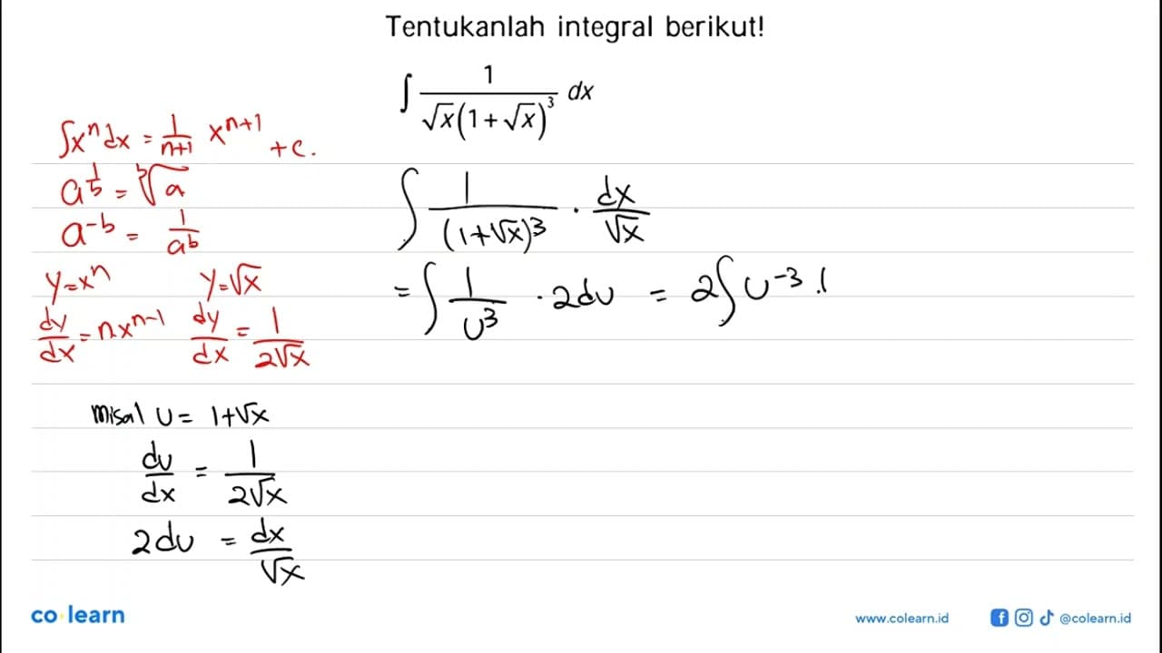 Tentukanlah integral berikut! integral 1/(akar(x)