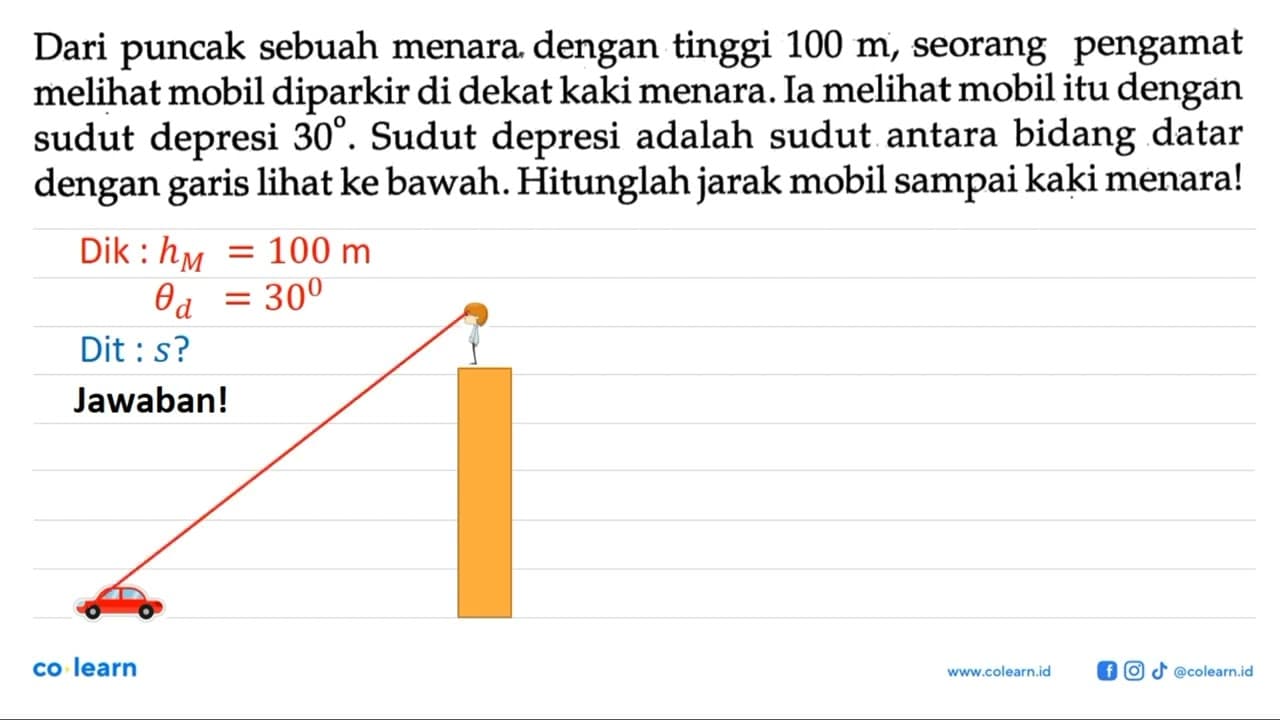 Dari puncak sebuah menara dengan tinggi 100 m , seorang