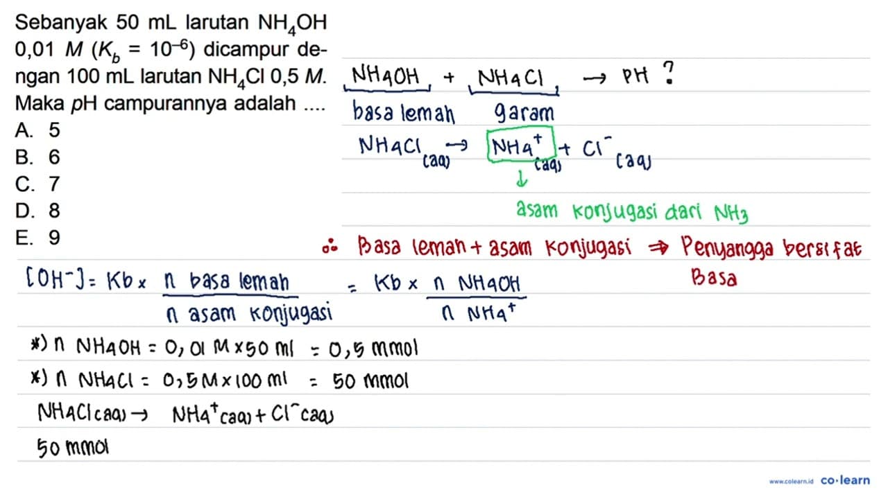 Sebanyak 50 mL larutan NH4OH 0,01 M(Kb=10^-6) dicampur