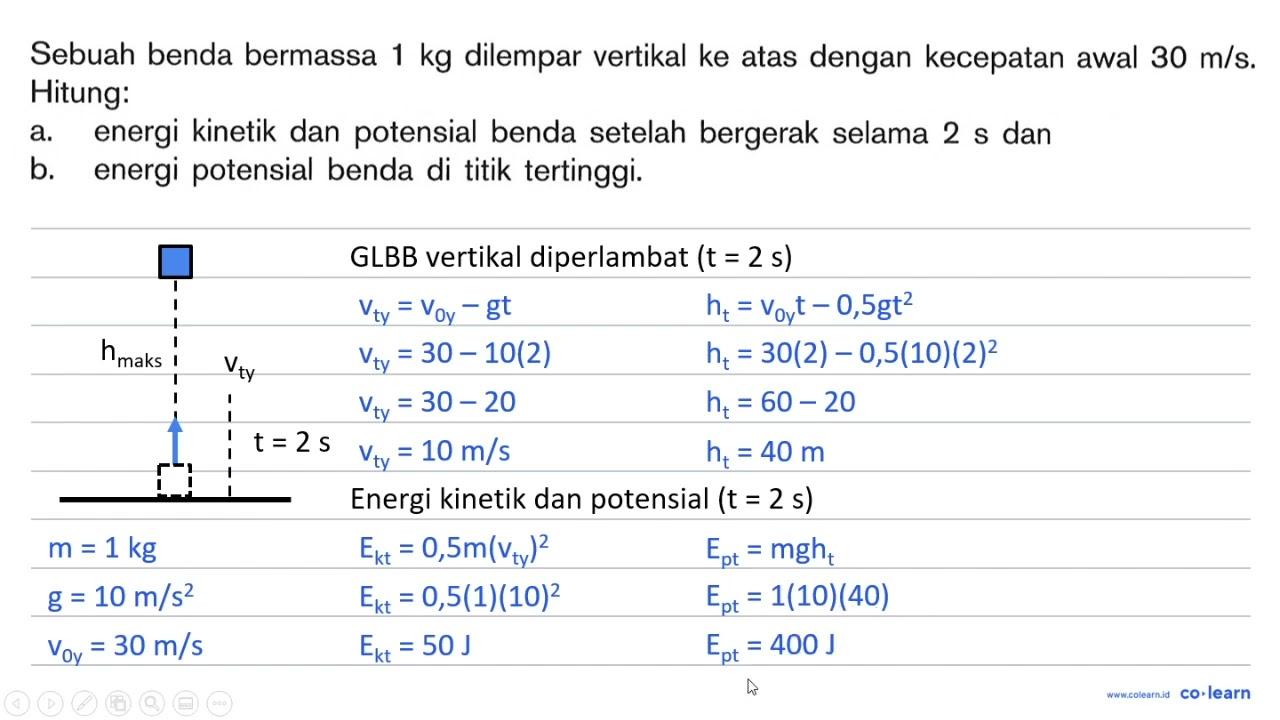 Sebuah benda bermassa 1 kg dilempar vertikal ke atas dengan