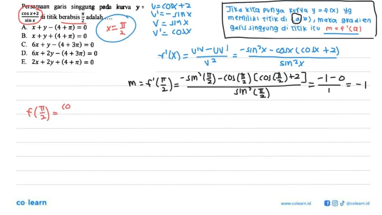 Persamaan garis singgung pada kurva y = (cos x+2)/(sin x)