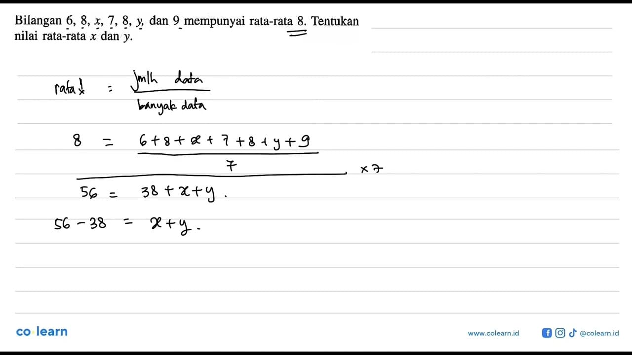 Bilangan 6,8, x,7,8, y, dan 9 mempunyai rata-rata 8.