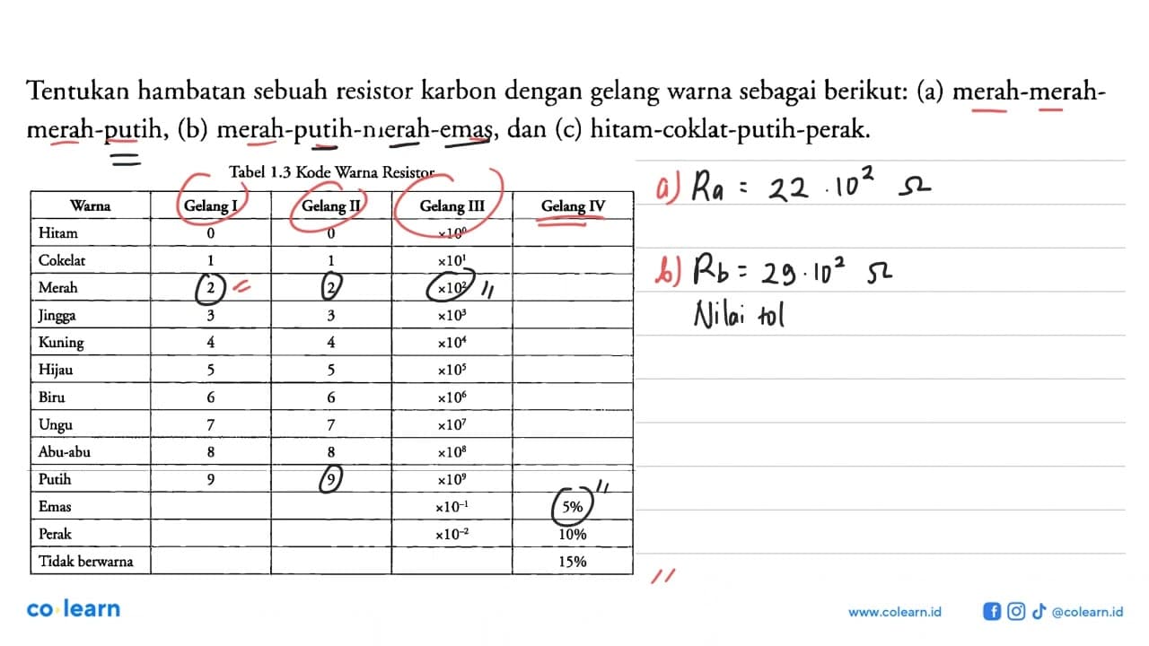 Tentukan hambatan sebuah resistor karbon dengan gelang