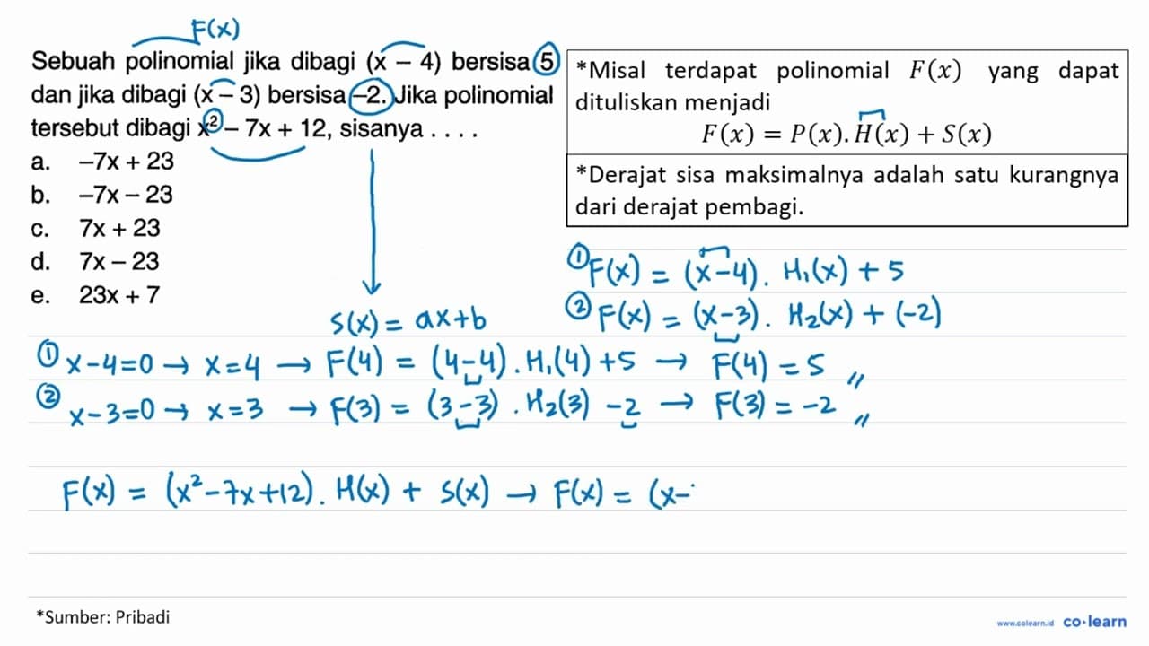 Sebuah polinomial jika dibagi (x-4) bersisa 5 dan jika