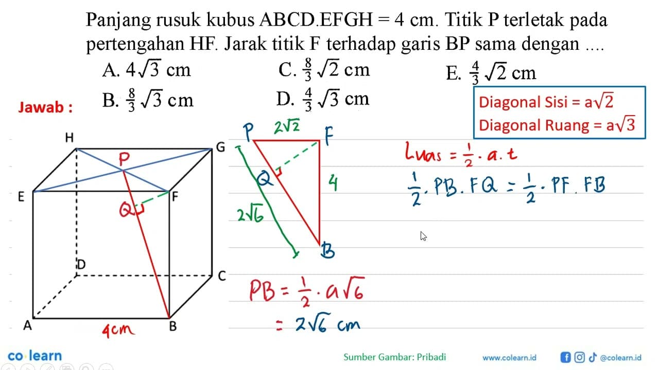 Panjang rusuk kubus ABCD.EFGH =4 cm. Titik P terletak pada