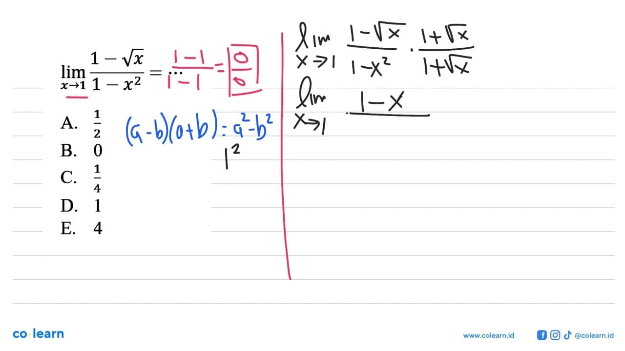 lim x->1 (1- akar(x))/(1-x^2)=...