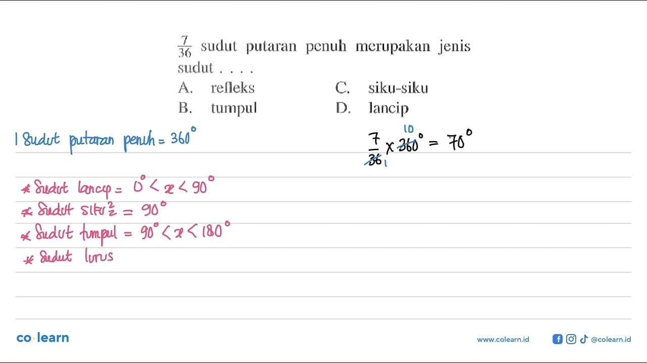 7/36 sudut putaran penuh merupakan jenis sudut ... A.