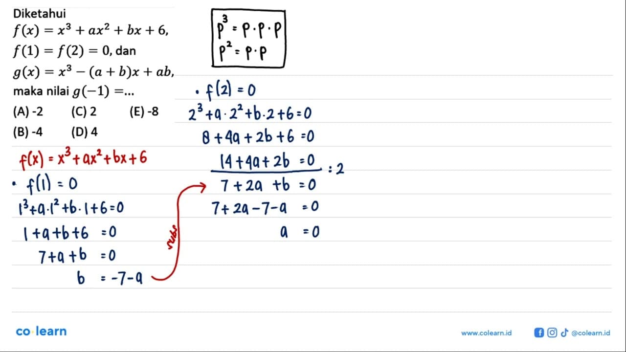 Diketahui f(x)=x^3+ax^2+bx+6, f(1)=f(2)=0, dan